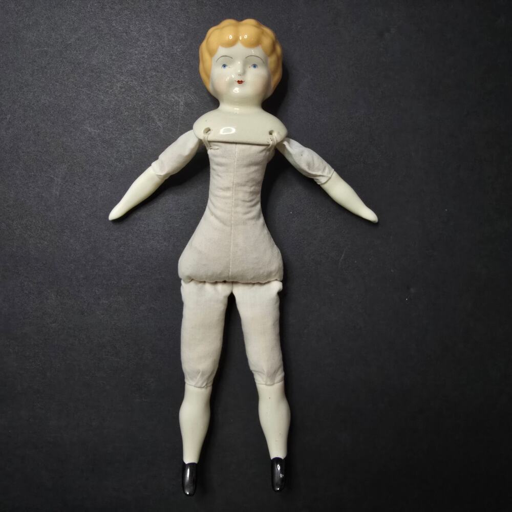 Antique German China Head Doll Lowbrow Boots porcelain arms legs Cloth Body 11"